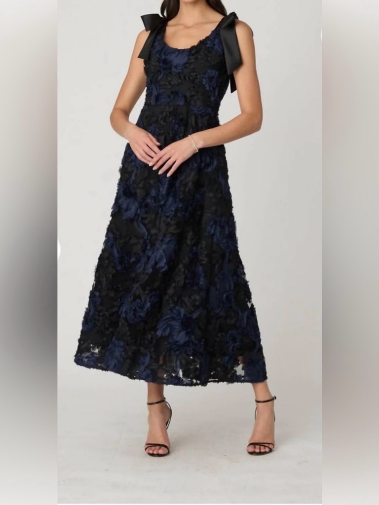 Black And Navy Floral Midi Dress With Bow Shoulder Straps